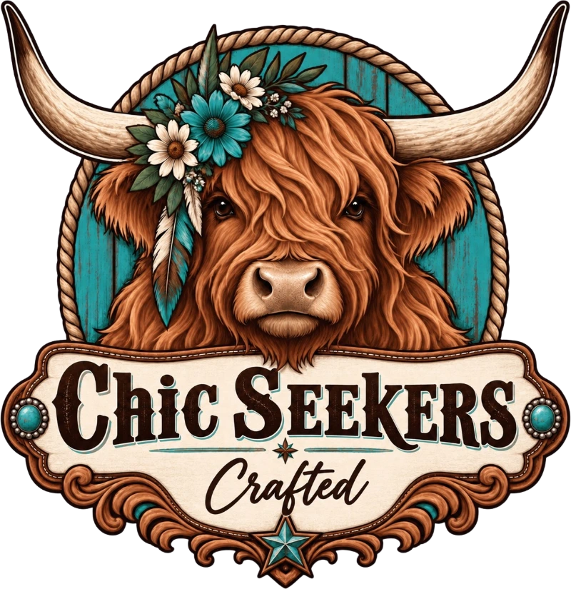 Chic Seekers Crafted logo: a highland cow with a turquoise flower crown over a rope framed sign reading Chic Seekers Crafted