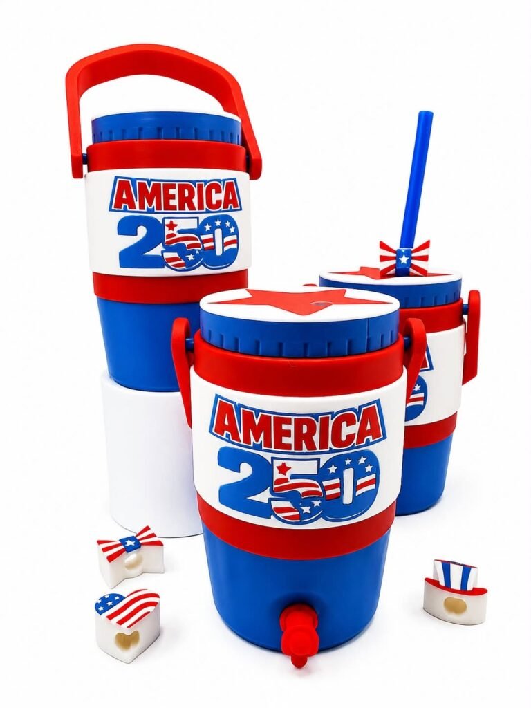 Three 3D printed America 250 cooler jug can coozies in red, white and blue with a star lid and patriotic charms