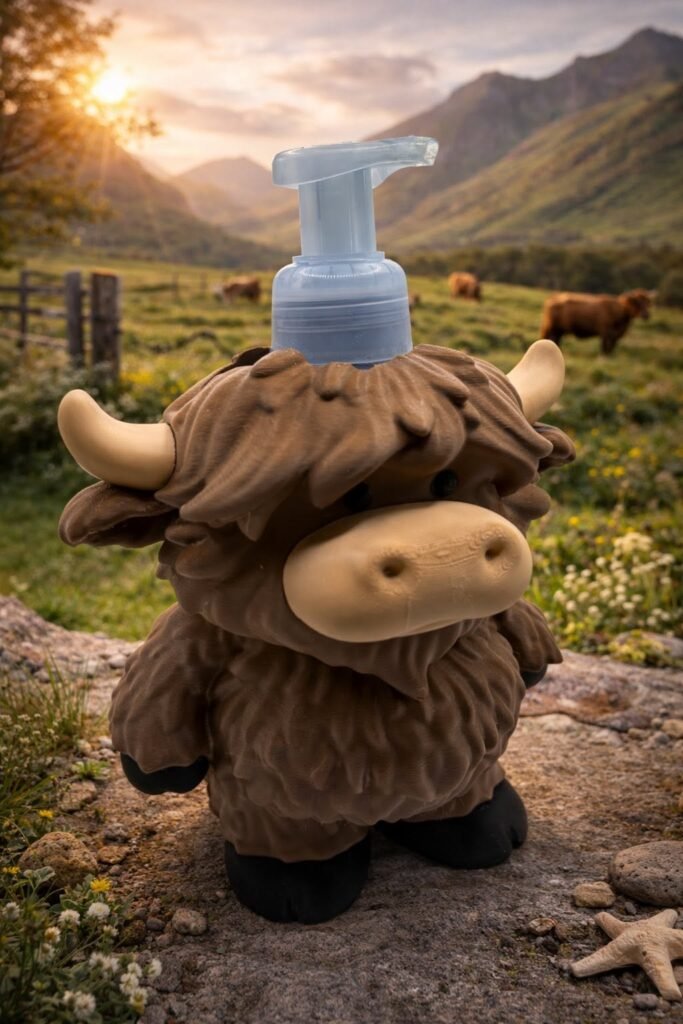 3D printed shaggy brown highland cow soap holder with a foaming pump on top