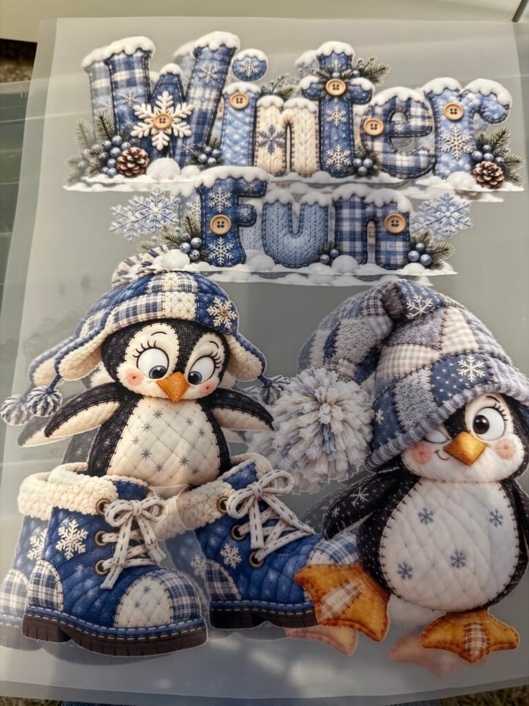 Winter Fun Blue Plaid Penguins DTF Transfer