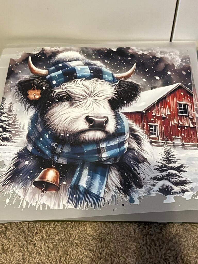 Winter Highland Cow Blue Plaid DTF Transfer